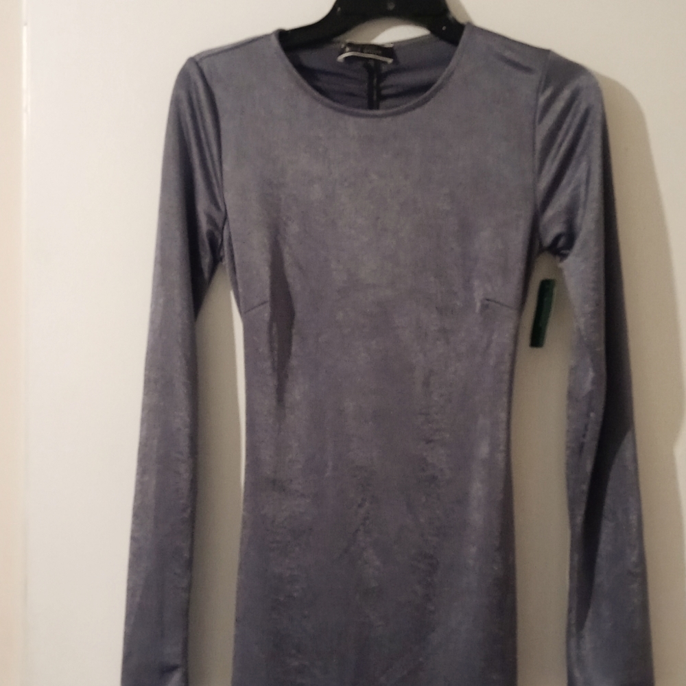 blue blush Gray Satin Long Sleeve Rear Gathered Waist Open Midi Dress M